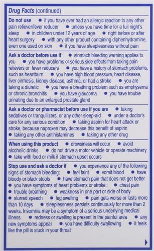 Aleve PM pain reliever side panel showing dosage instructions