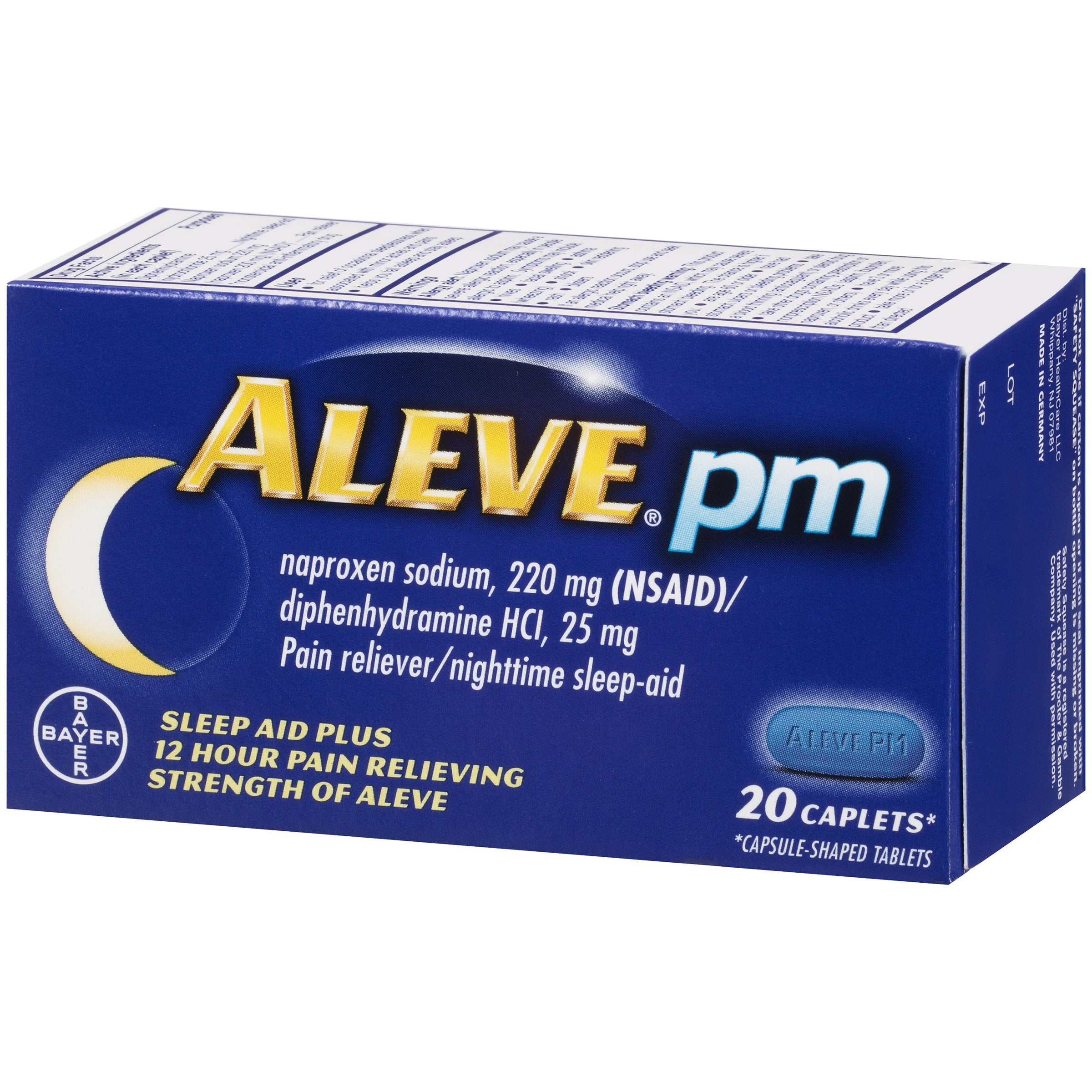 Aleve PM 20 count box showing naproxen sodium details