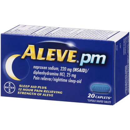 Aleve PM 20 count box showing naproxen sodium details