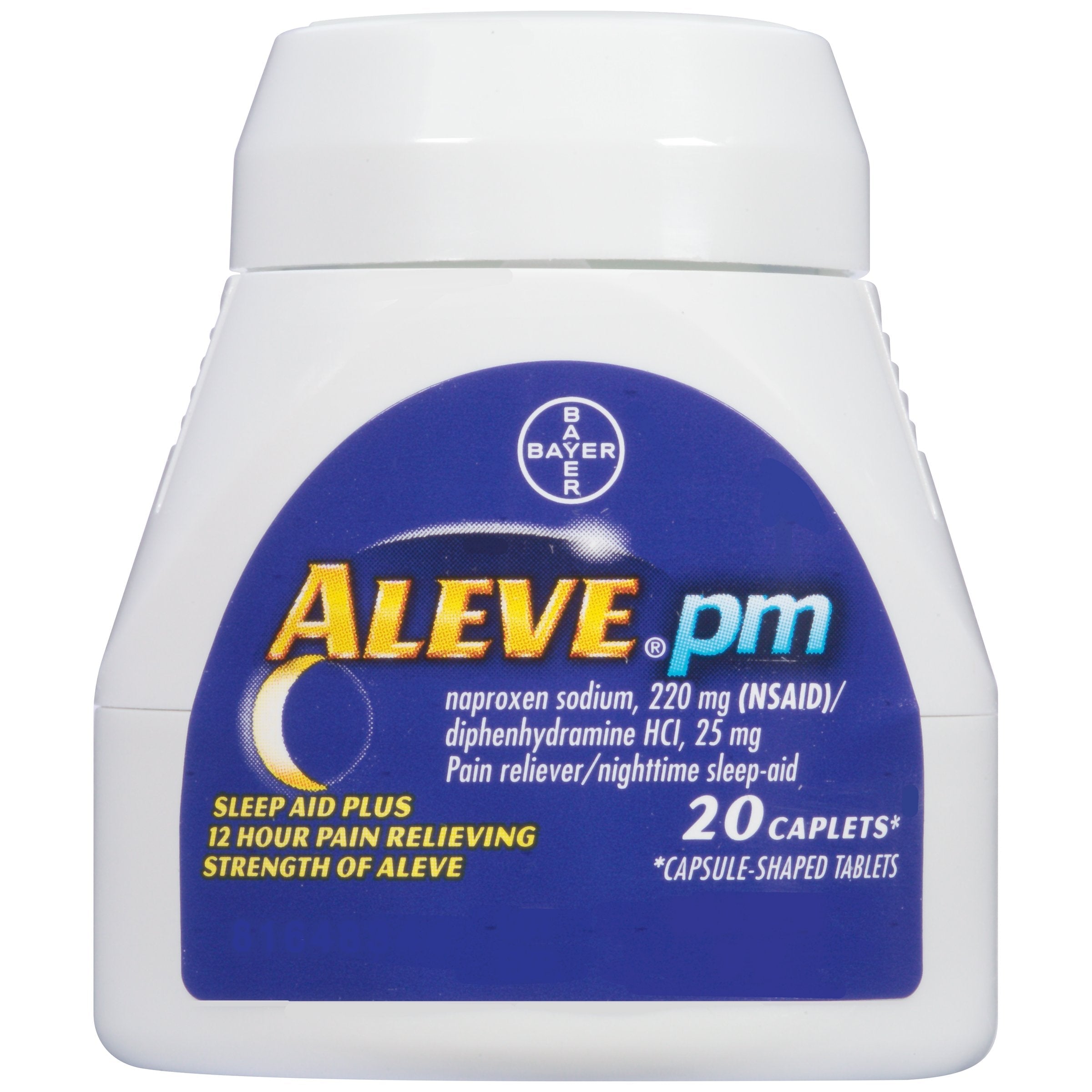 Aleve PM sleep aid caplets warning label close up