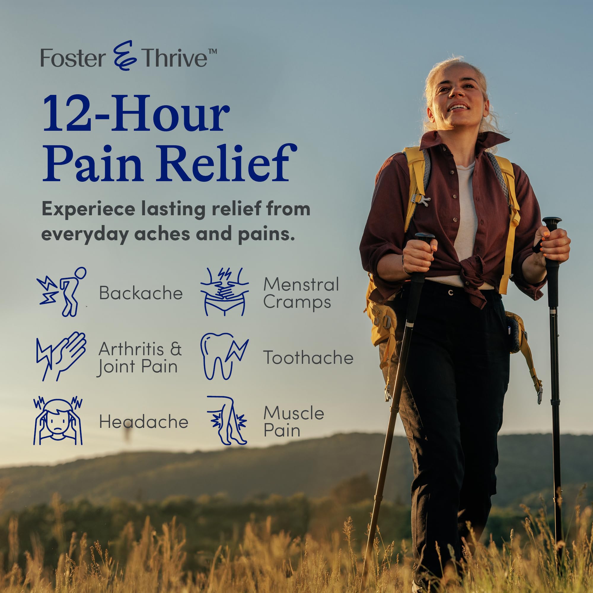 Back label of Foster and Thrive fever reducer and pain relief liquid softgels with drug facts and warnings