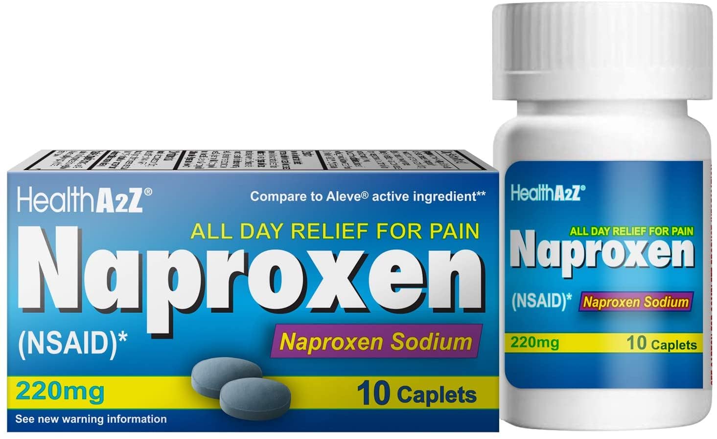 HealthA2Z Naproxen Sodium 220mg individual ten count travel pack displayed for portable health use.