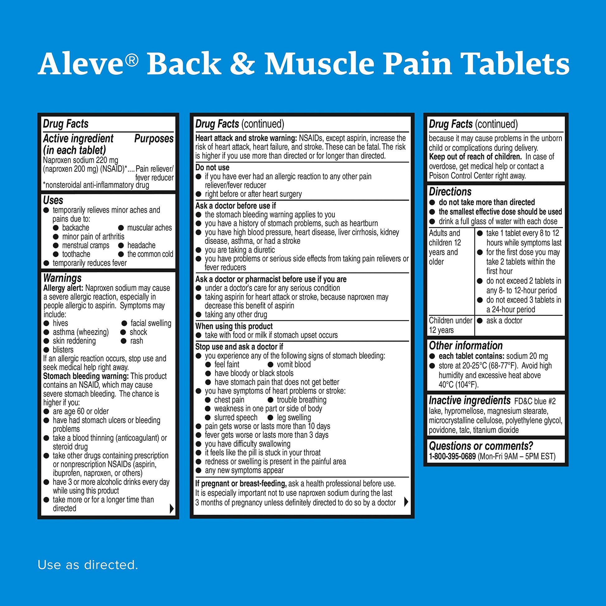 Aleve naproxen sodium 220 mg tablets 150 count total pack showing product label side directions