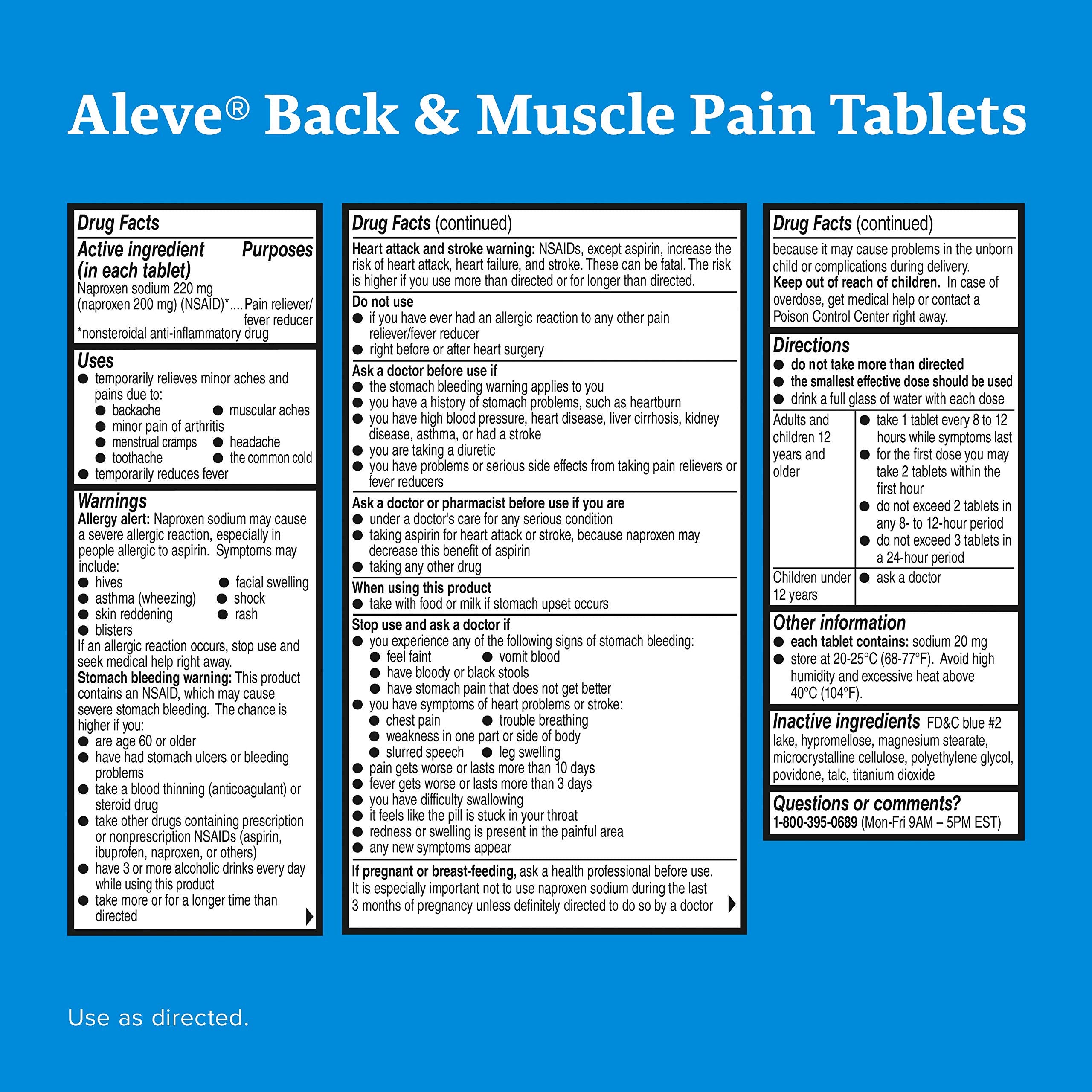 Aleve naproxen sodium 220 mg tablets 150 count total pack showing product label side directions