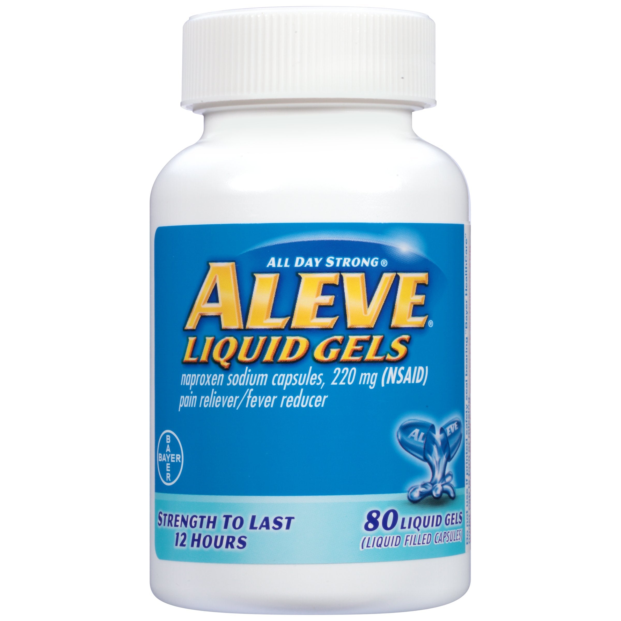 Aleve imported NSAID pain relief liquid gels medicine bottles side description