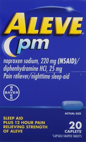 Aleve PM naproxen sodium caplets twenty count packaging side panel showing drug facts