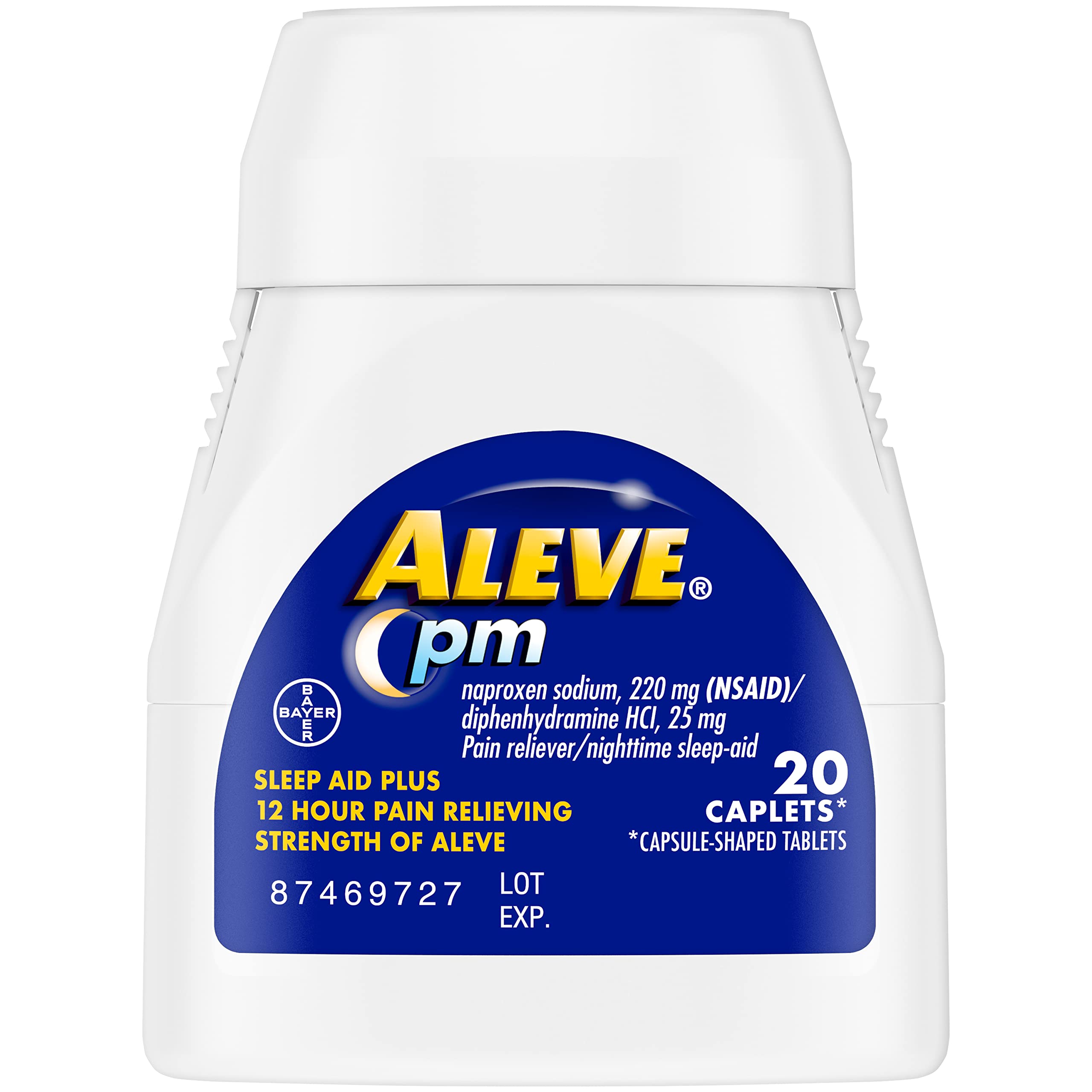 Aleve USA imported pain relief medication bottle showing child resistant cap closure