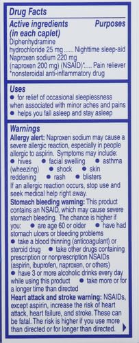 Aleve PM nighttime sleep aid and twelve hour pain relief outer packaging back overview