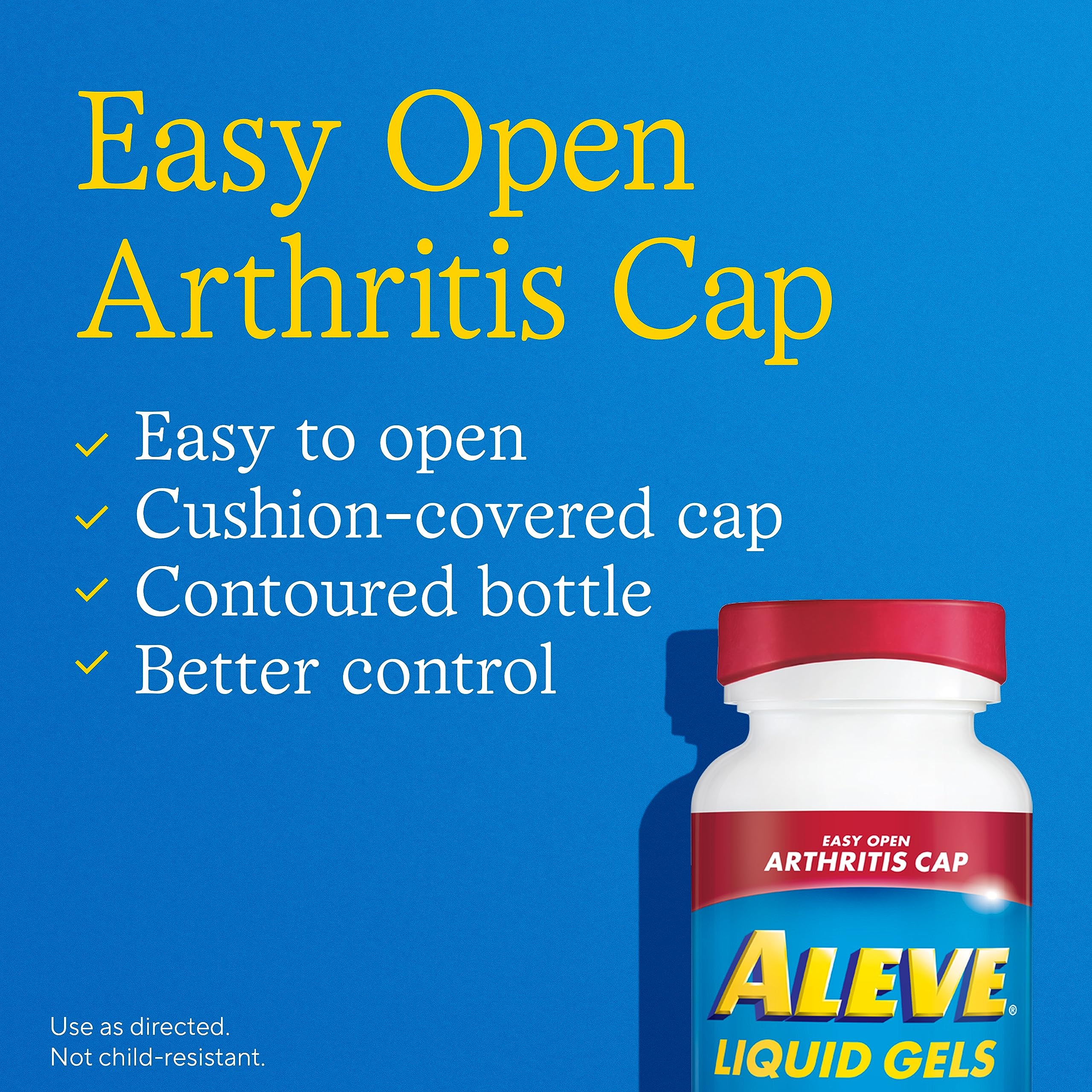 Close up of the textured easy open arthritis cap on the blue Aleve liquid gels container.