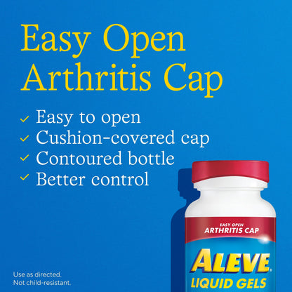 Close up of the textured easy open arthritis cap on the blue Aleve liquid gels container.