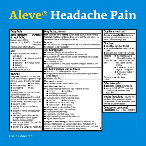 Aleve naproxen sodium 220 mg 12 hour pain relief tablets label details