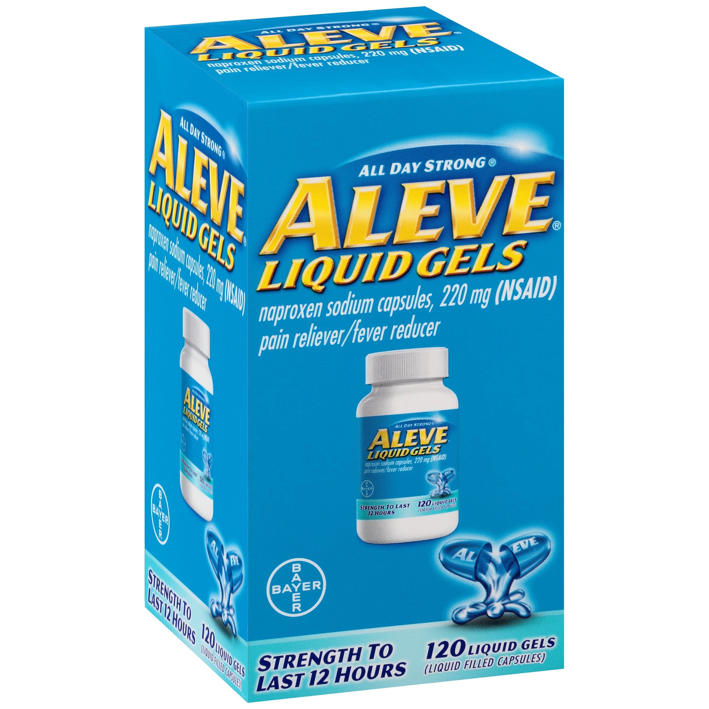 Bayer Aleve 220 mg liquid capsules showing 12 hour dosage instructions