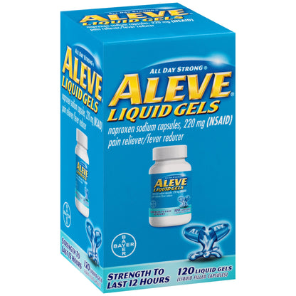 Bayer Aleve 220 mg liquid capsules showing 12 hour dosage instructions