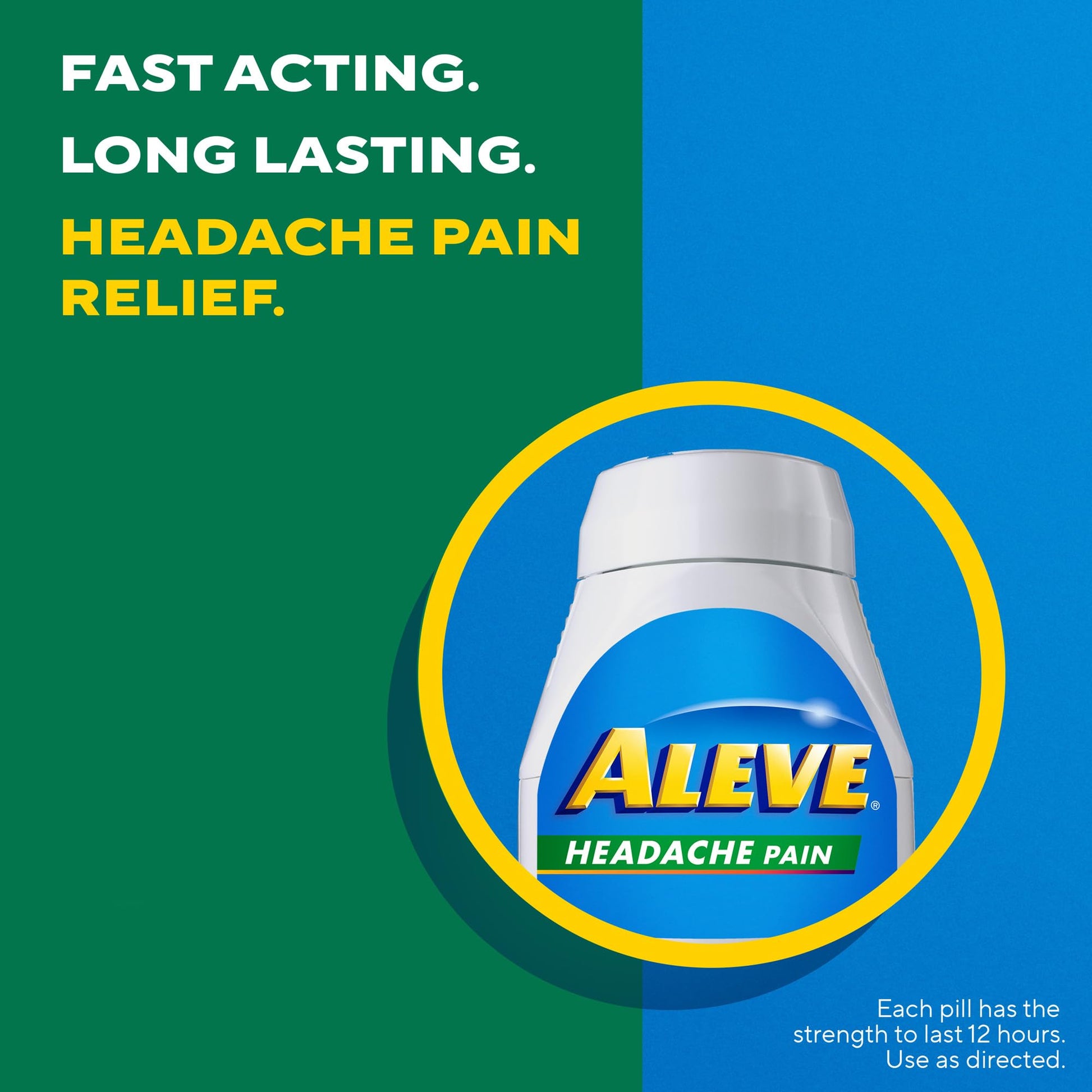 Close up of small round Aleve tablets for extended pain relief