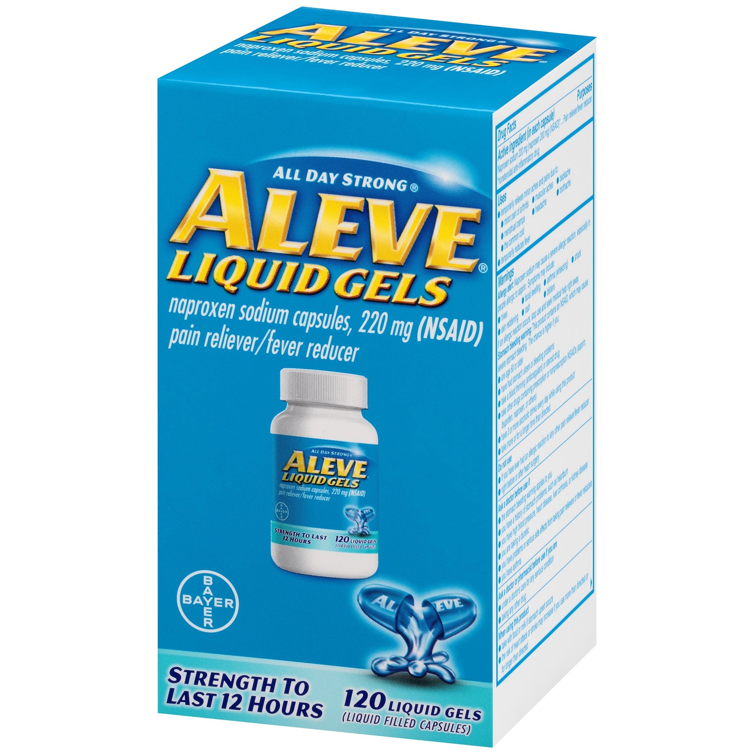 Imported Aleve liquid filled pain reliever capsules bottle display