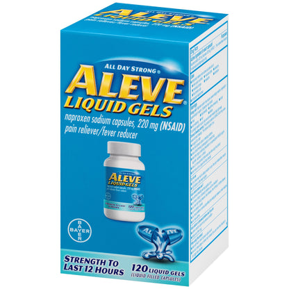 Imported Aleve liquid filled pain reliever capsules bottle display