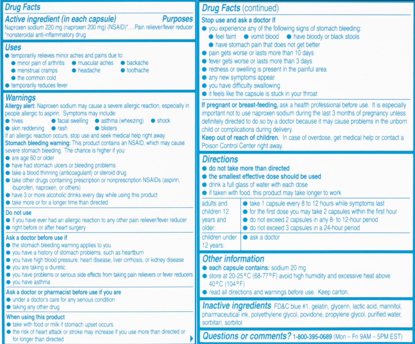 Side label of Aleve 120 count bottle detailing NSAID drug facts