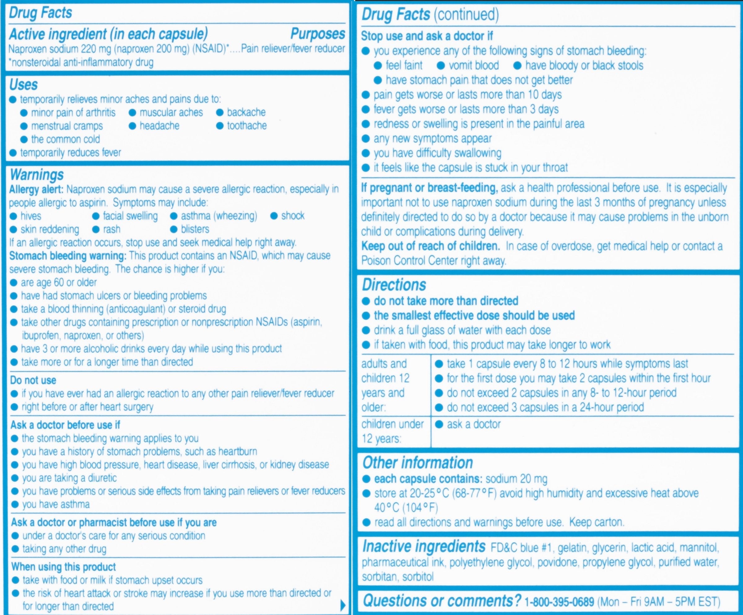 Side label of Aleve 120 count bottle detailing NSAID drug facts