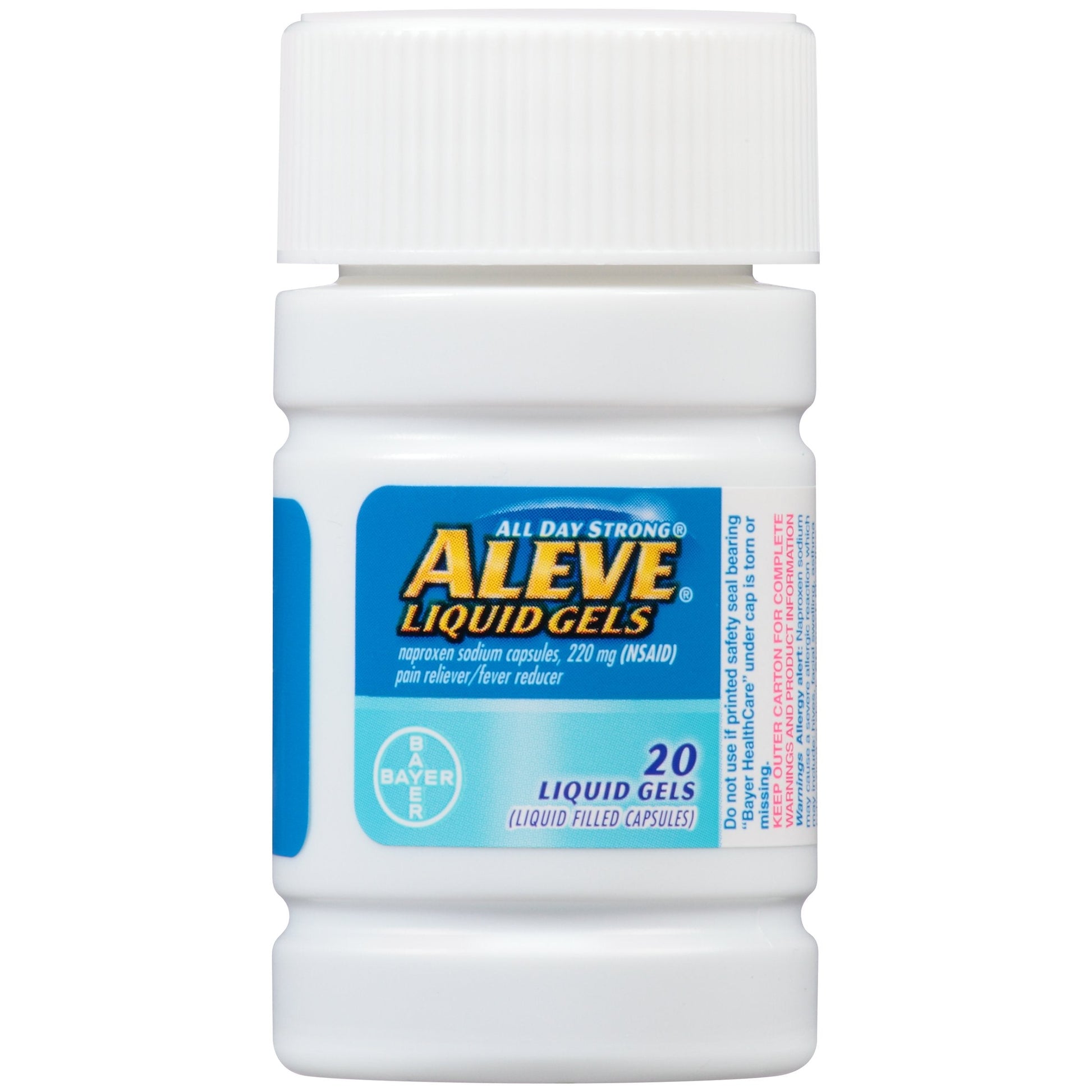 Top view of Aleve fever reducer and pain reliever bottle packaging