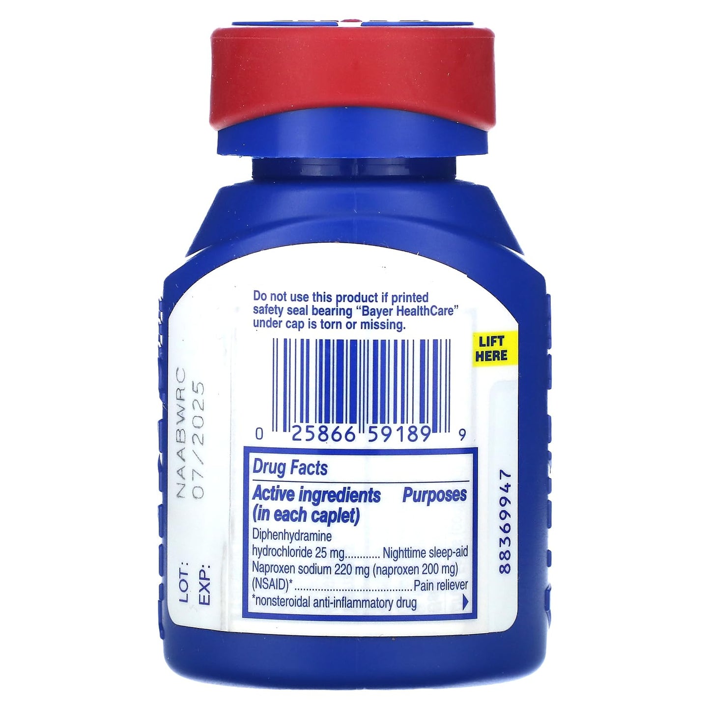 Aleve PM Naproxen Sodium and Diphenhydramine HCl easy open cap bottle side view