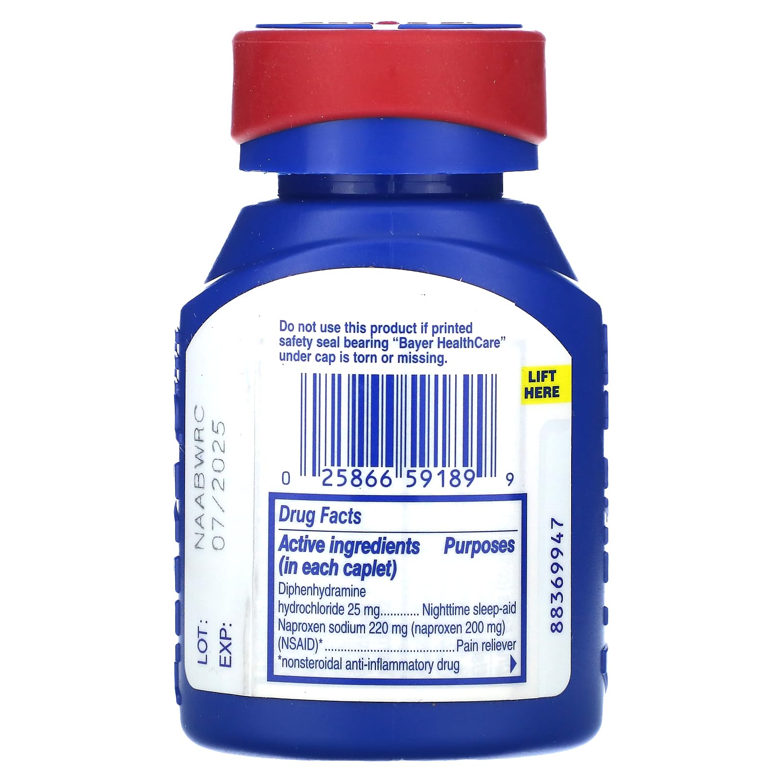 Aleve PM Naproxen Sodium and Diphenhydramine HCl easy open cap bottle side view