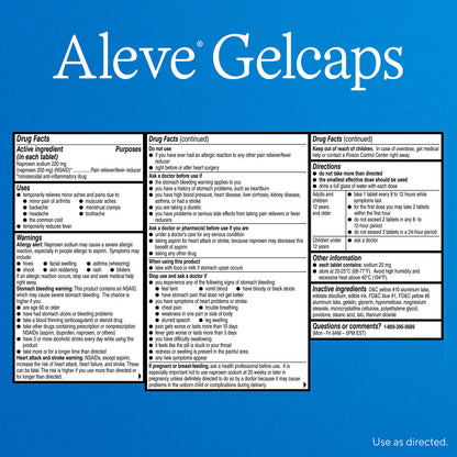 Authentic imported USA Aleve gelcaps bottle showcasing the secure child resistant top