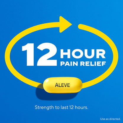 Side view of Aleve forty count pain management capsules for backache and muscle pain