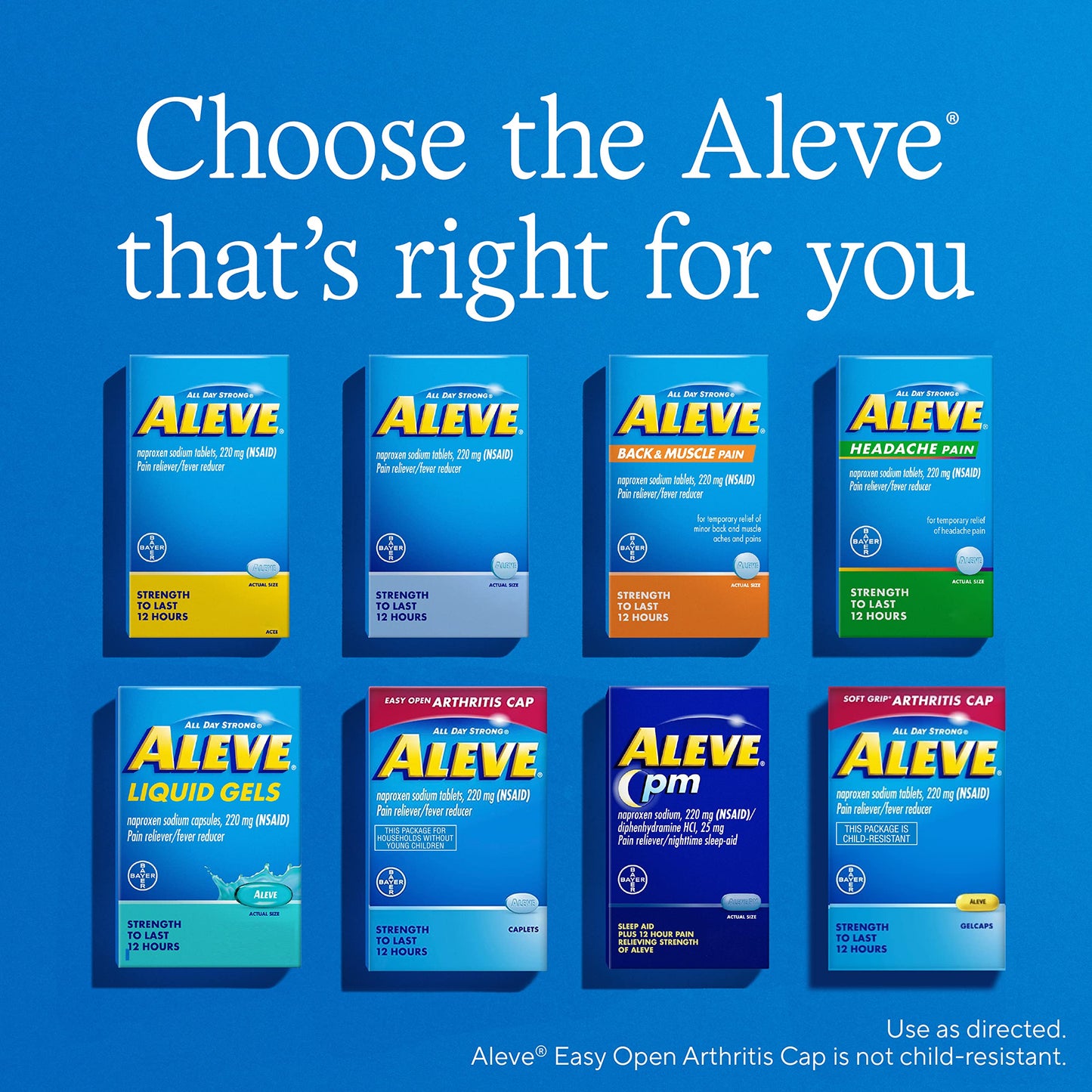 Aleve nonsteroidal anti inflammatory drug packaging for adult multi symptom relief