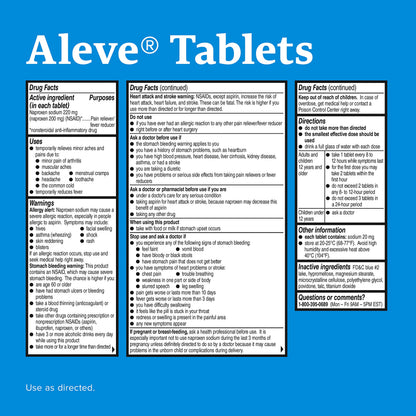 Bayer Aleve 220 milligram tablets packaging highlighting the easy open arthritis cap for joint comfort