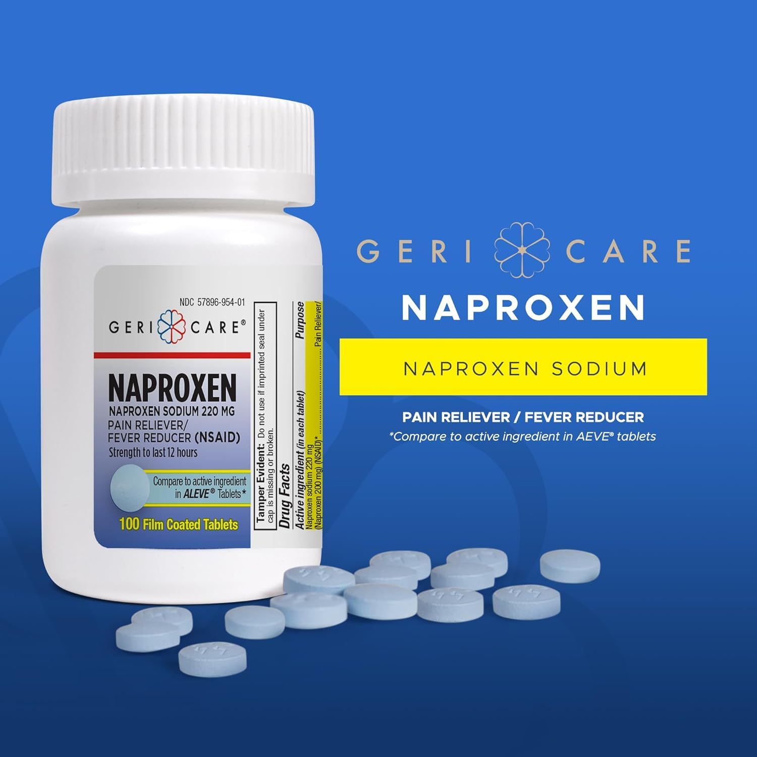 GeriCare Naproxen Sodium 100 film coated tablets bottle highlighting twelve hour relief