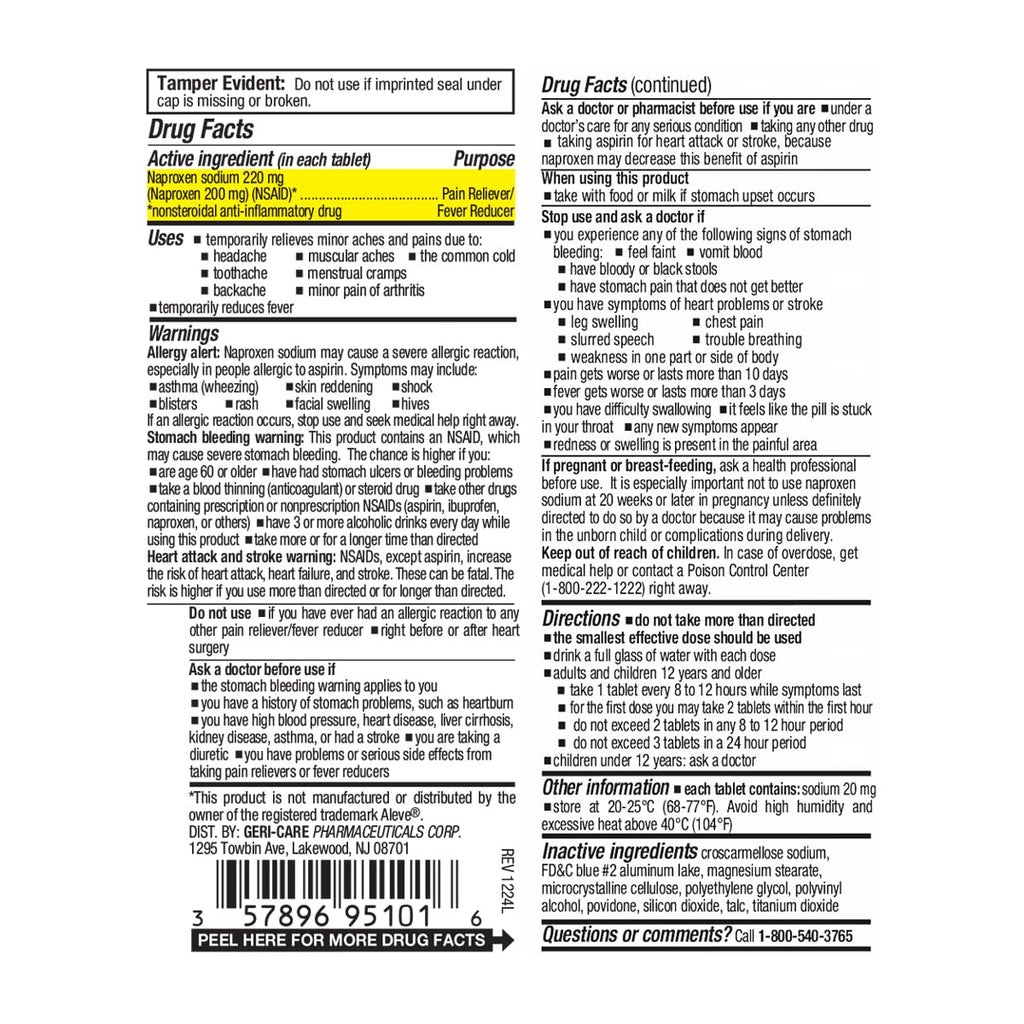 Full packaging view of GeriCare 100 count film coated naproxen sodium bottle