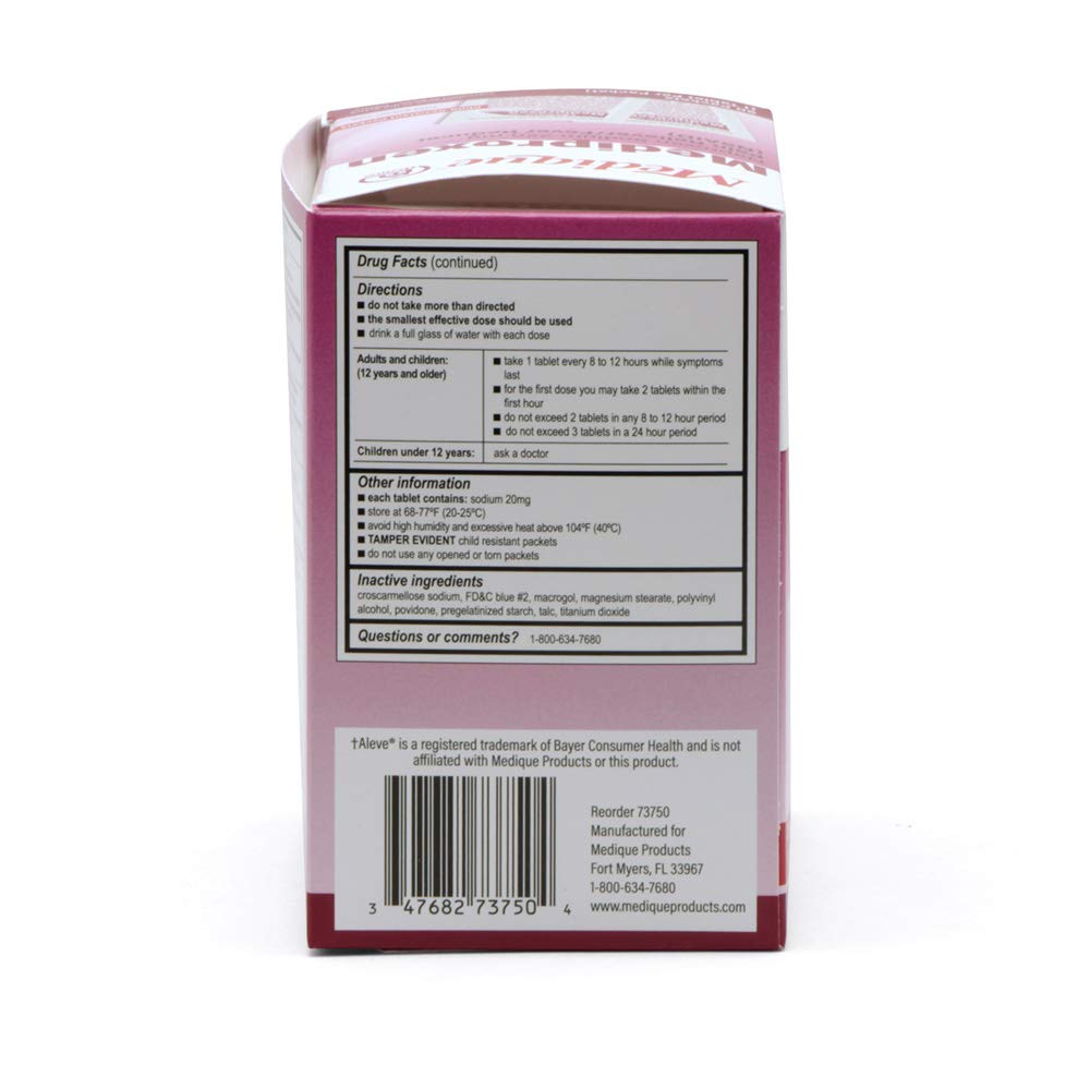Medique USA imported naproxen sodium fever reducer box back panel drug facts