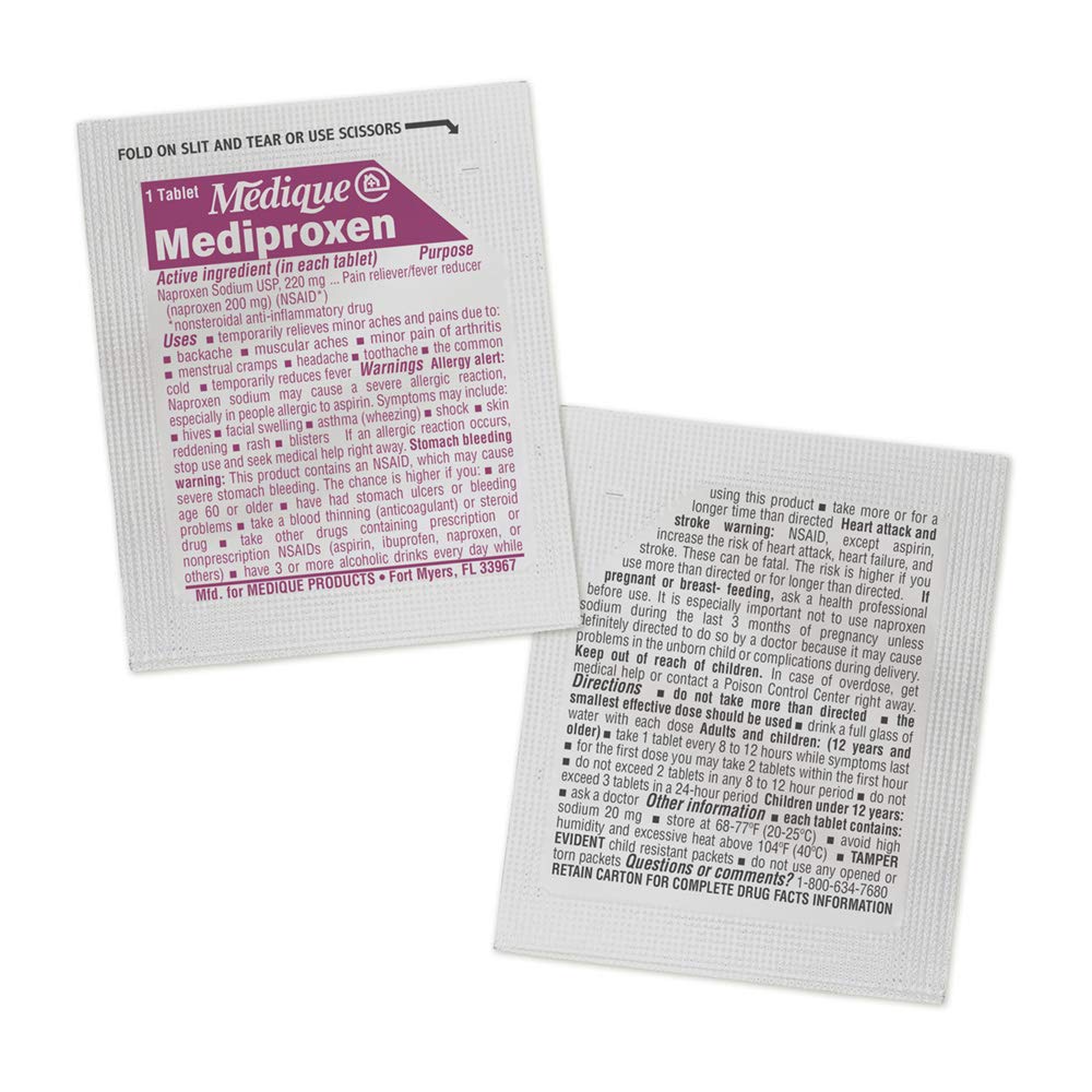 Medique At Home over the counter NSAID long lasting pain reliever single tablet wrapper
