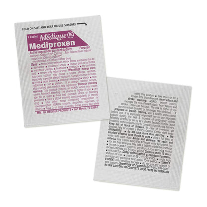Medique At Home over the counter NSAID long lasting pain reliever single tablet wrapper