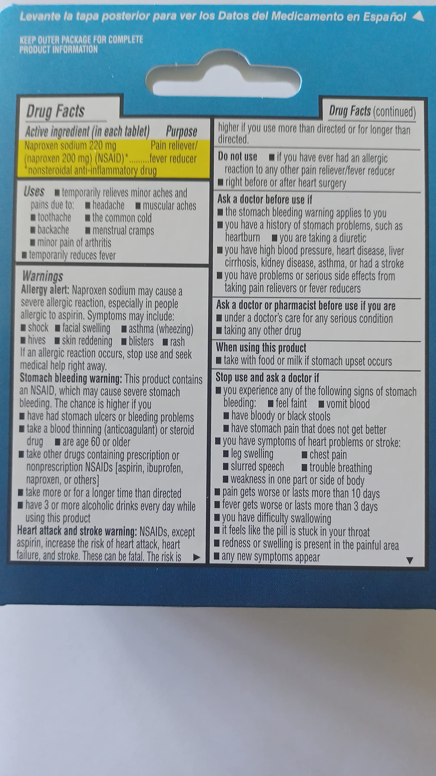 Flanax Naproxen Sodium 220 Milligrams box showing 12 hour pain relief information.