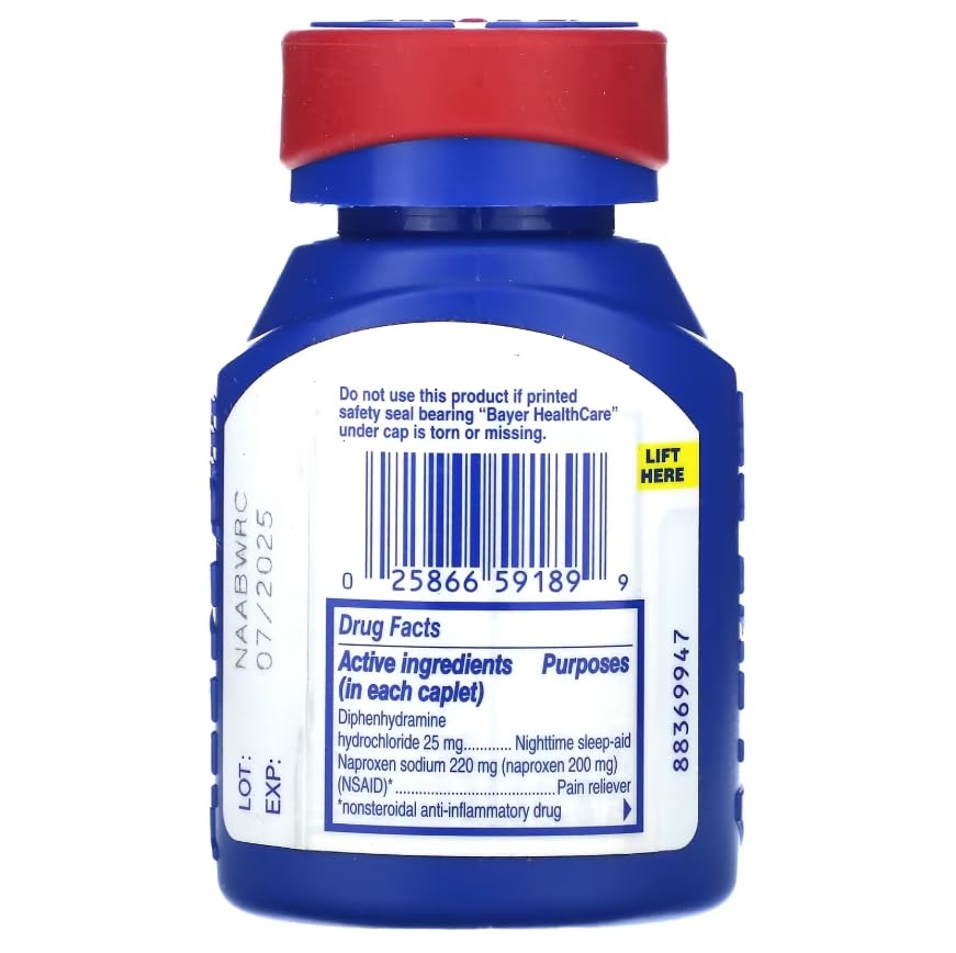 Aleve PM naproxen sodium 220 mg and diphenhydramine hcl 25 mg supplement facts label