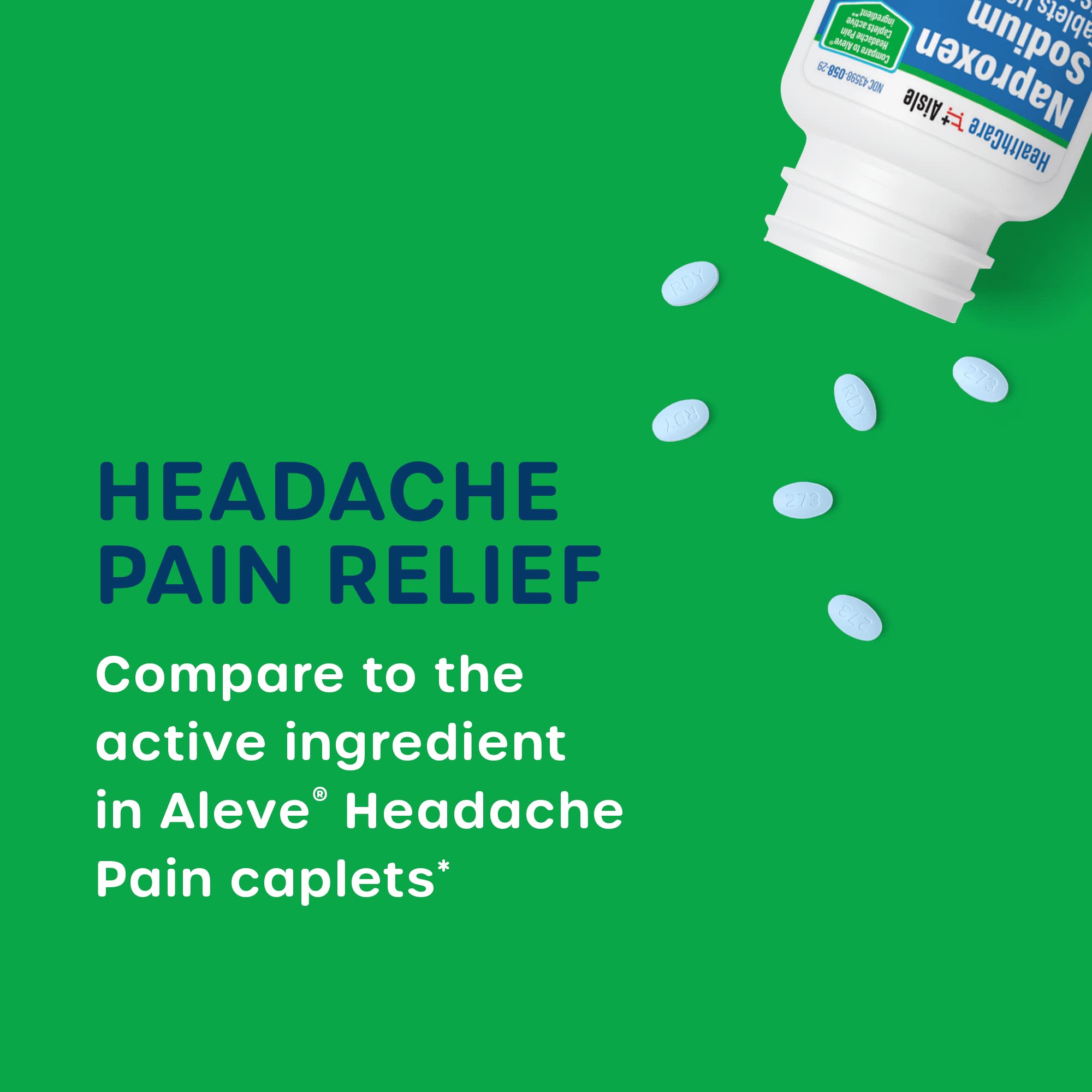 Side label view of HealthCareAisle Naproxen Sodium 225 count packaging showing drug facts