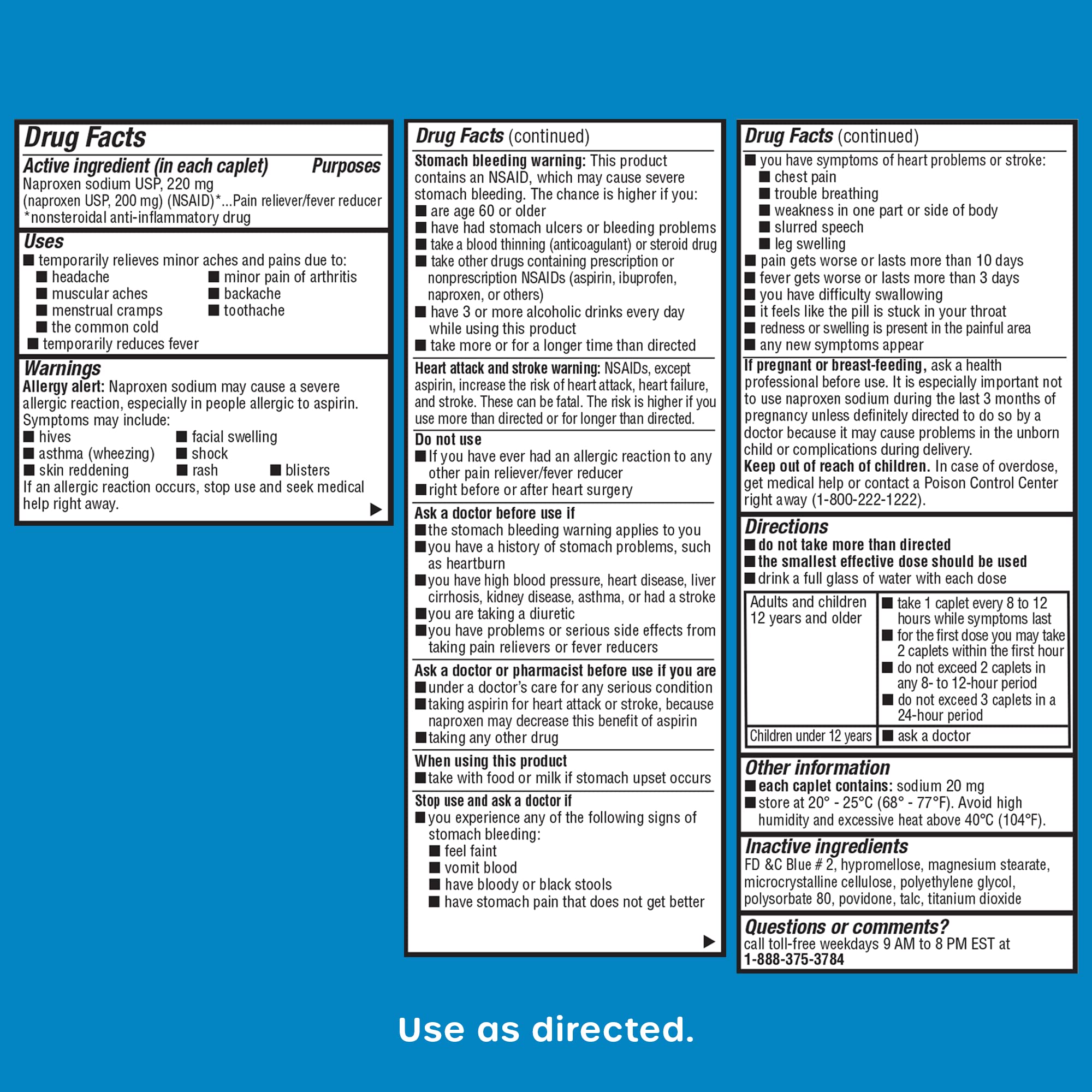 Back view of the USA imported HealthCareAisle Naproxen Sodium bottle showing warnings