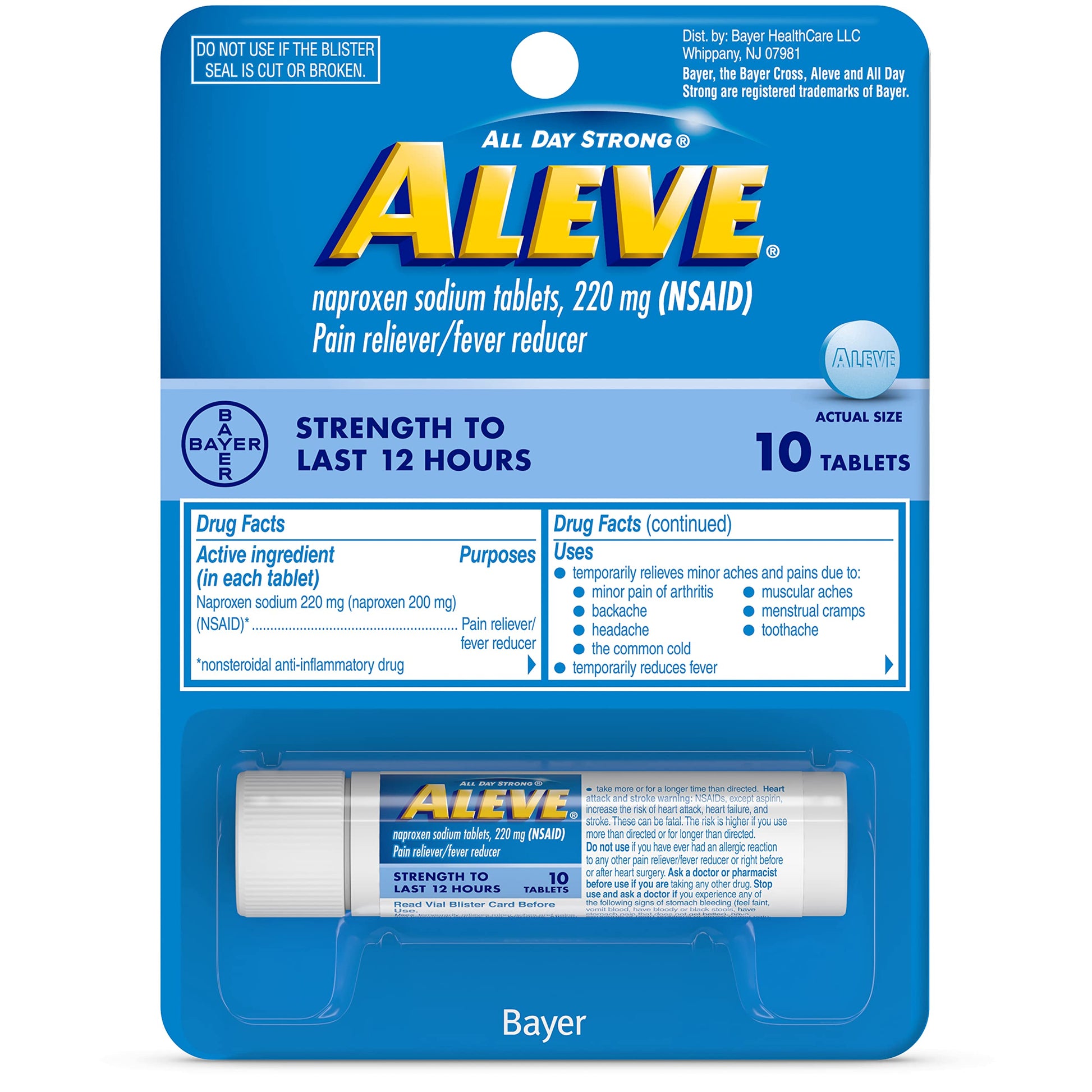 Aleve naproxen sodium two hundred twenty milligrams ten count blister card