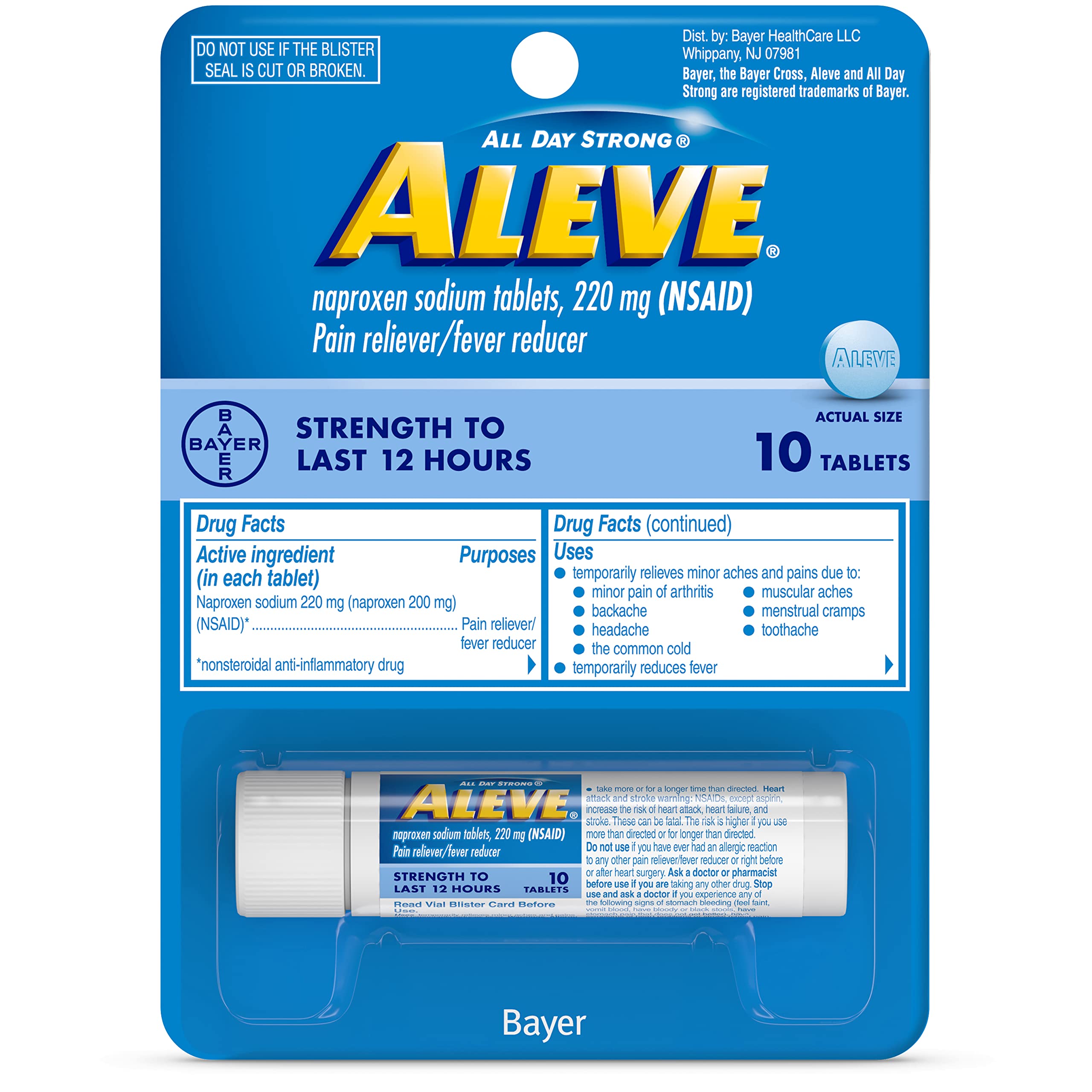 Aleve naproxen sodium two hundred twenty milligrams ten count blister card