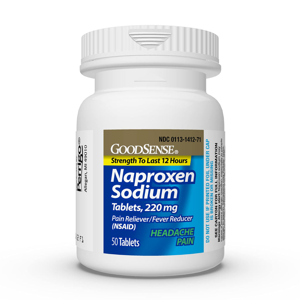 GoodSense blue tablets 220 mg pain relief medication bottle highlighting the gluten free formula