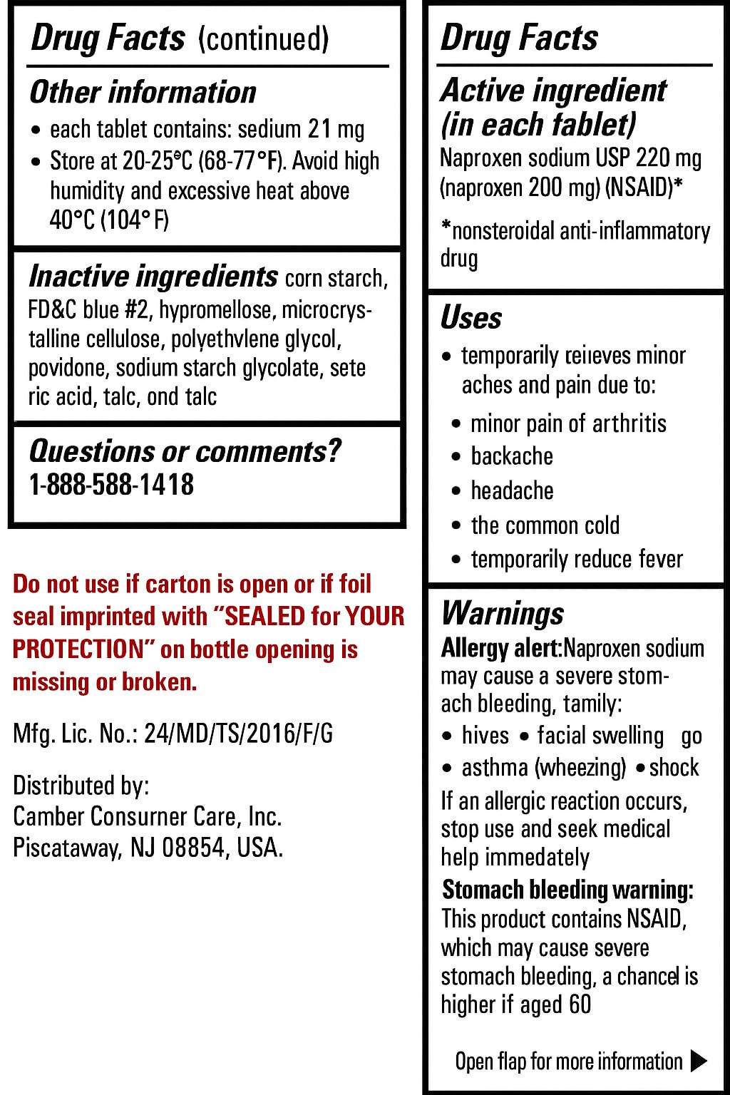 Camber consumer care naproxen sodium nonsteroidal anti inflammatory drug facts panel with warnings
