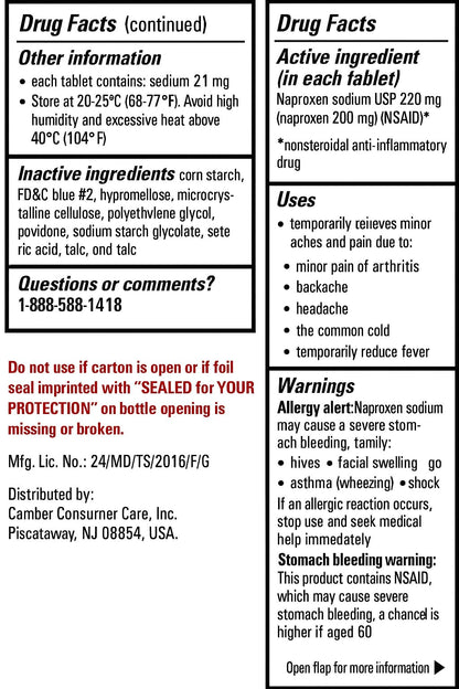 Camber consumer care naproxen sodium nonsteroidal anti inflammatory drug facts panel with warnings