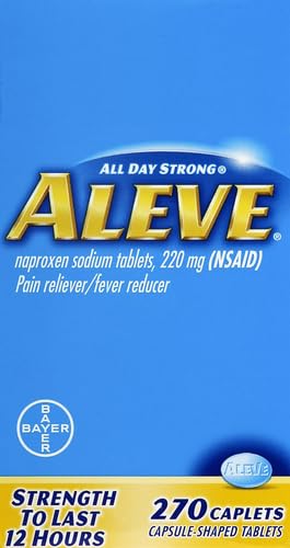 Aleve pain relief 270 count bottle displaying 12 hour relief label details