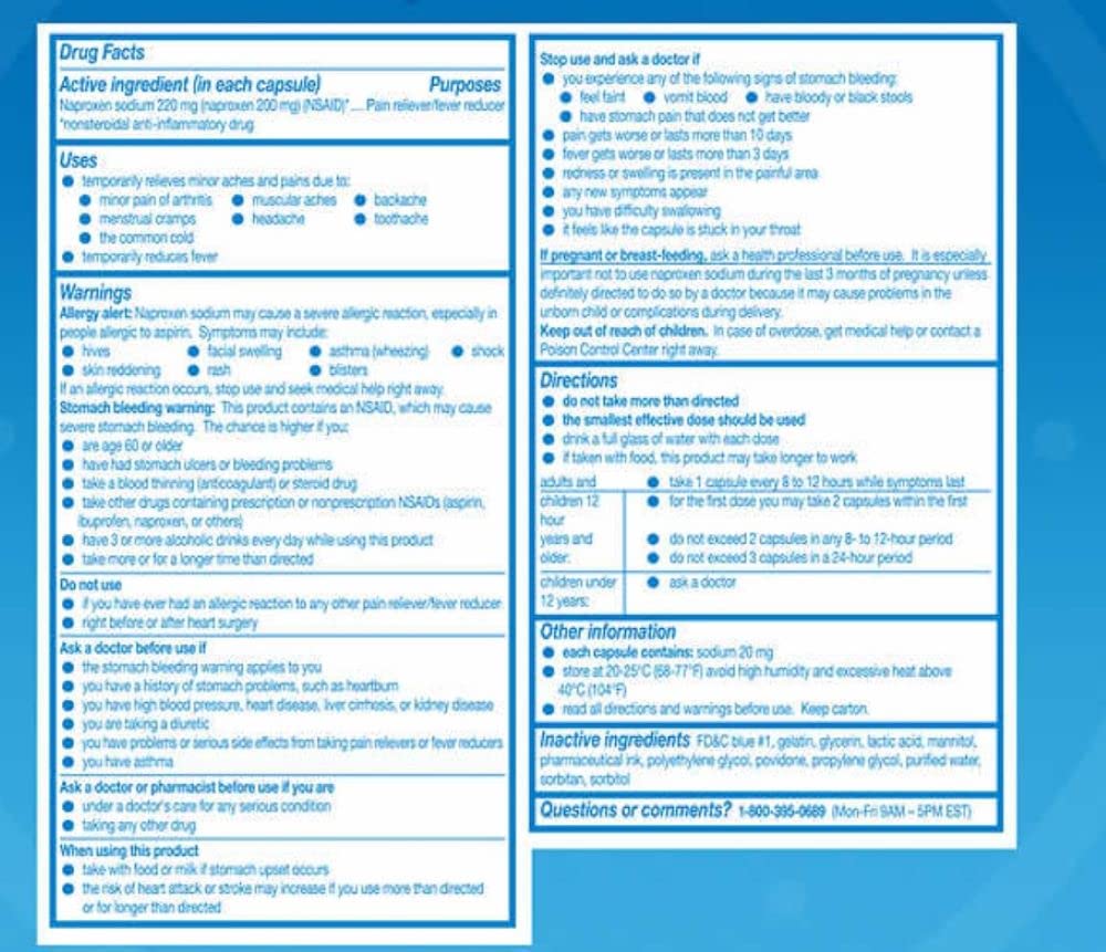 Aleve liquid filled pain reliever capsules packaging showing drug facts and twelve hour claim