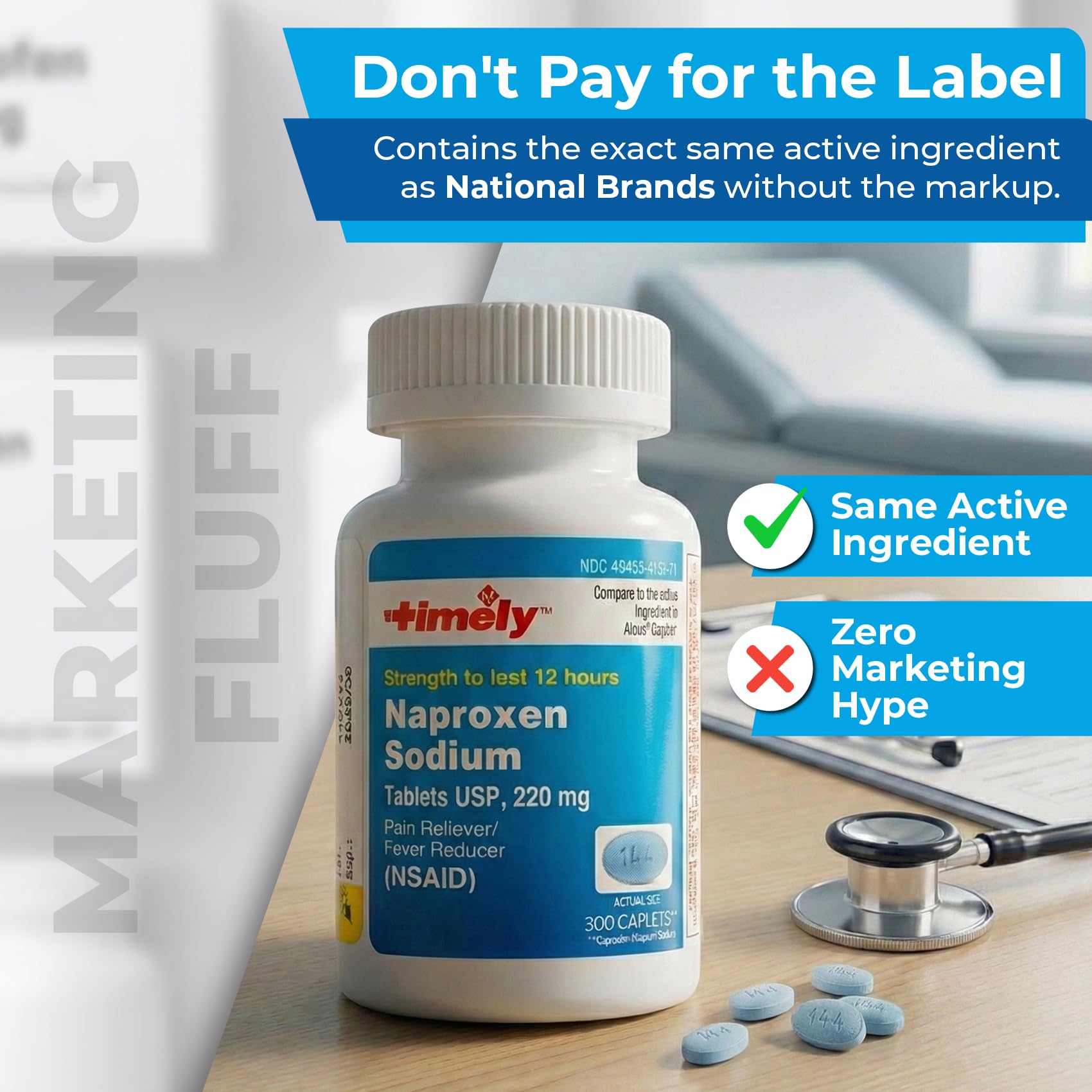 Close up of the blue capsule shaped caplets of naproxen sodium next to the container