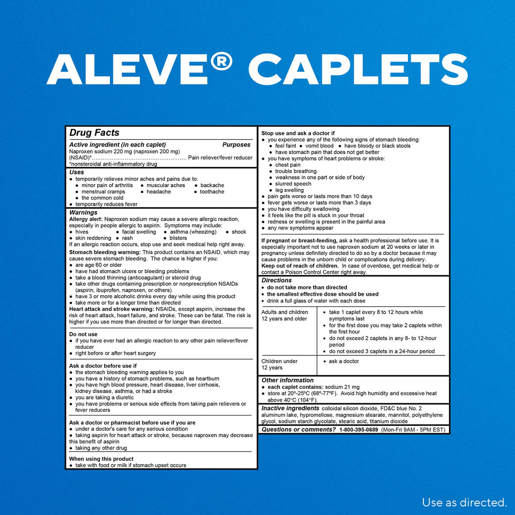 Aleve imported pain reliever medication back panel showing precise dosage directions
