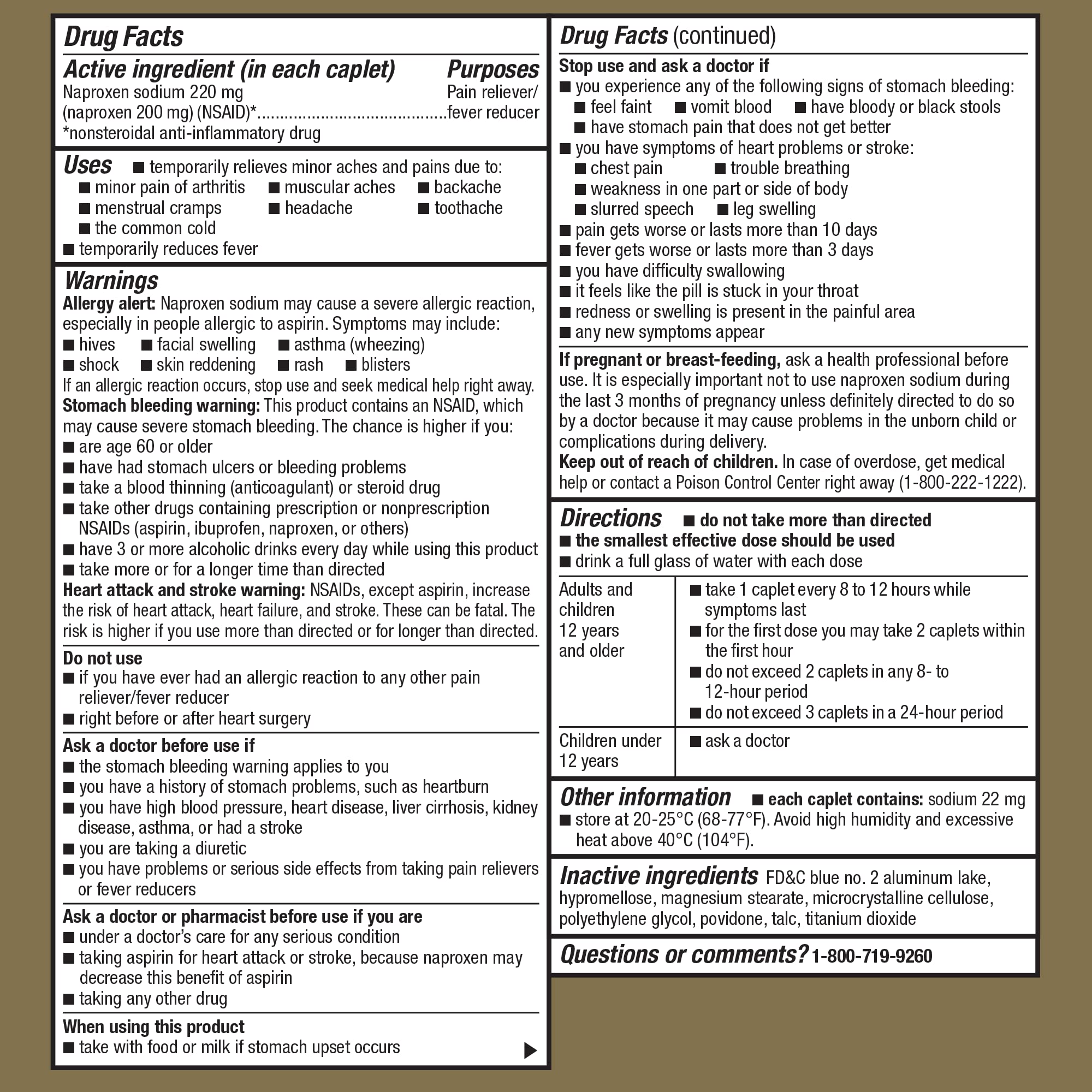 Close up of the product label for USA imported GoodSense pain relief tablets showing safety instructions and directions