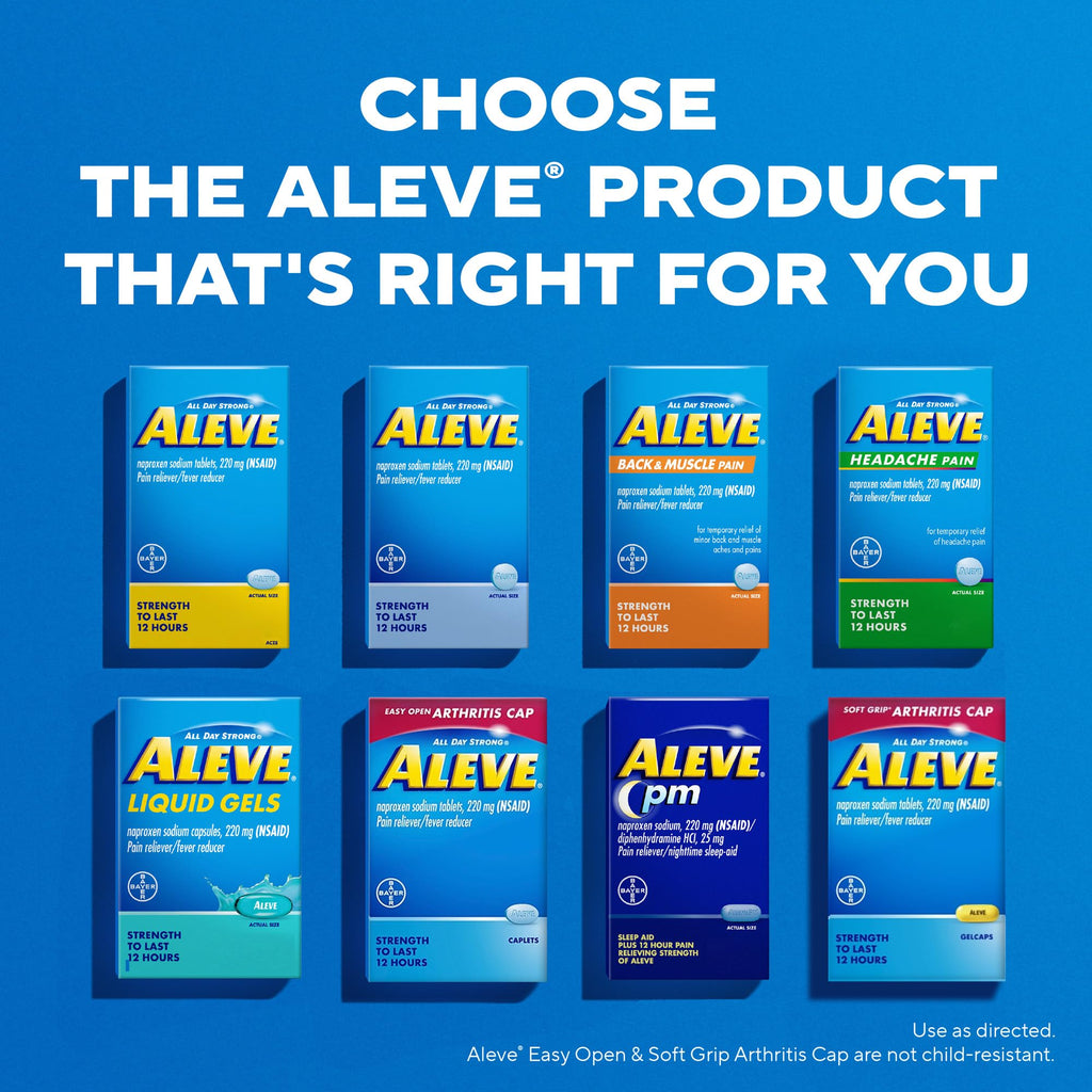 Aleve 250 count blue and orange box packaging for muscle pain management