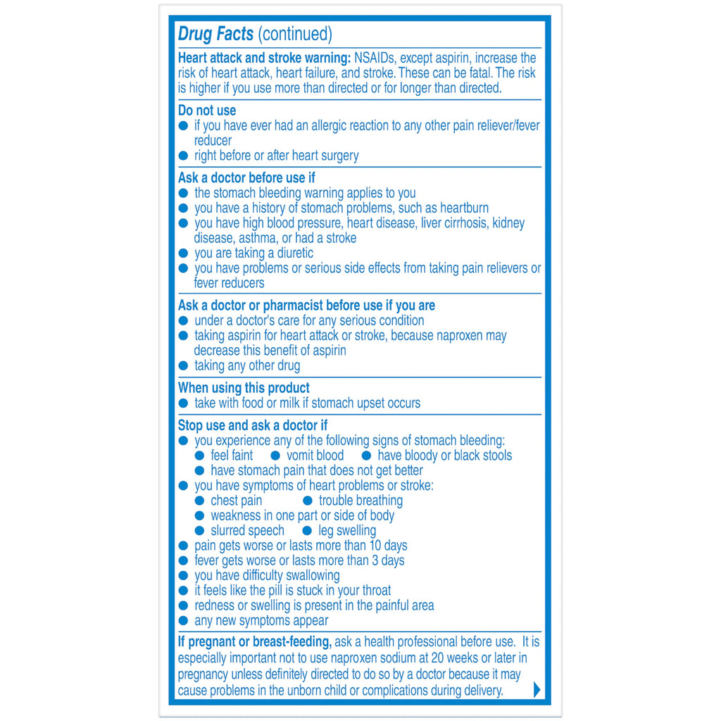 Full view of the fifty count Aleve over the counter fever reducer medication on a plain background.